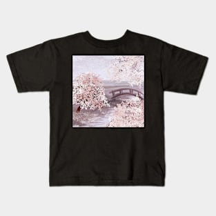 Sakura blooming trees, bridge on river watercolor. Cherry blossom scenery. Spring nature Kids T-Shirt